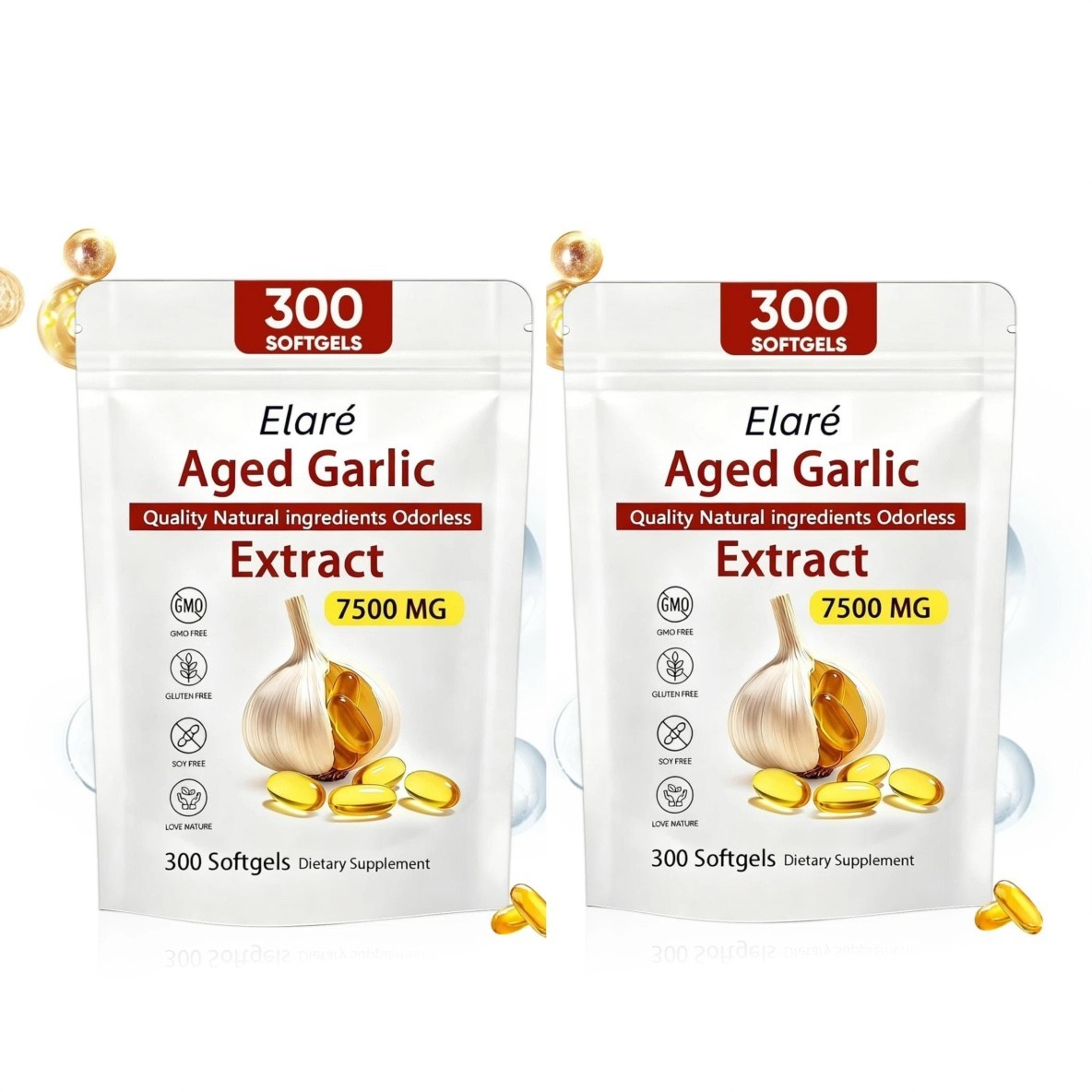 1-3Pack Elare Aged Garlic Extract, 300 Softgels, 7500mg Odorless Heart & Immune