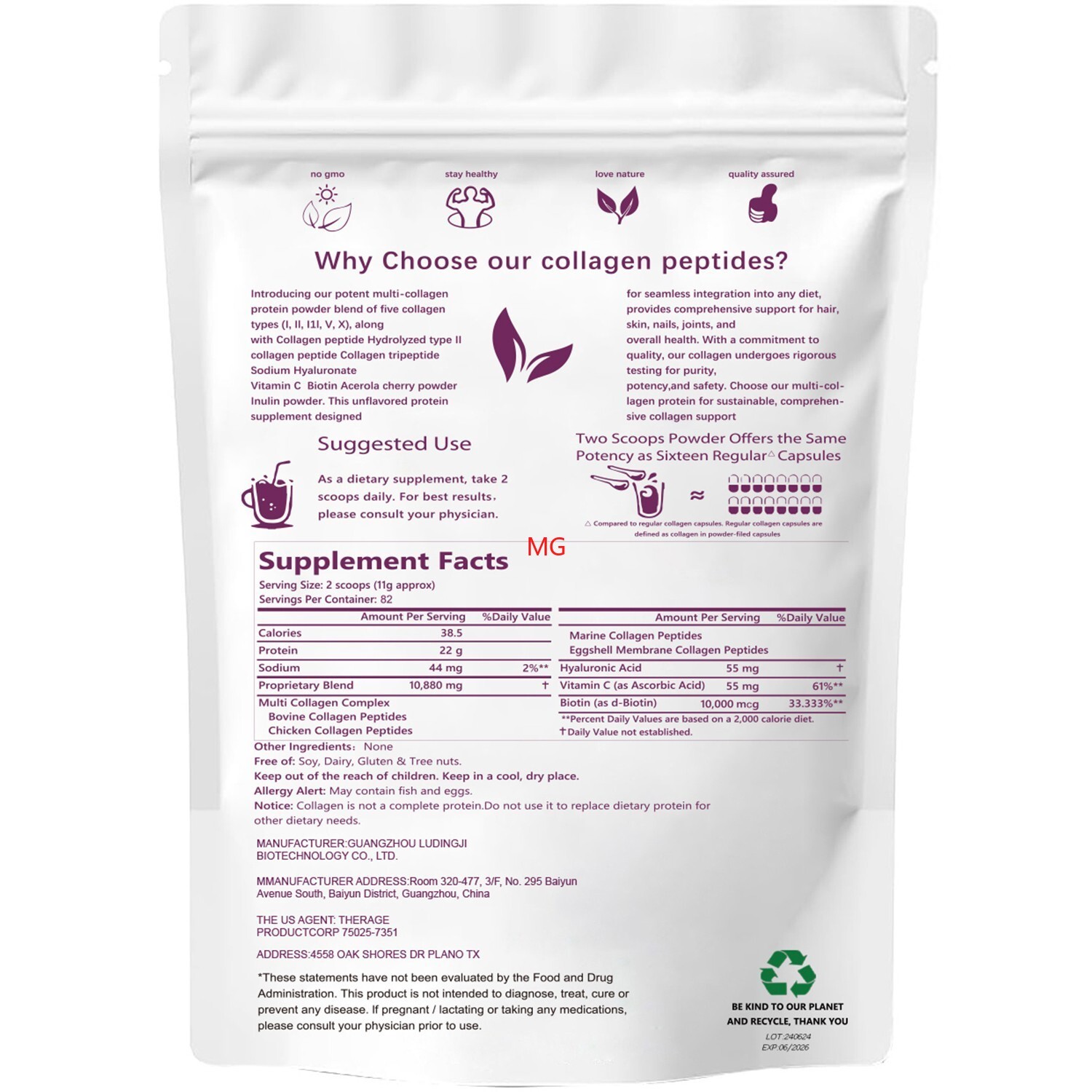 Hydrolyzed I,II,III,V,X Peptide Type Protein Multi Collagen Peptides Powder 2 lb