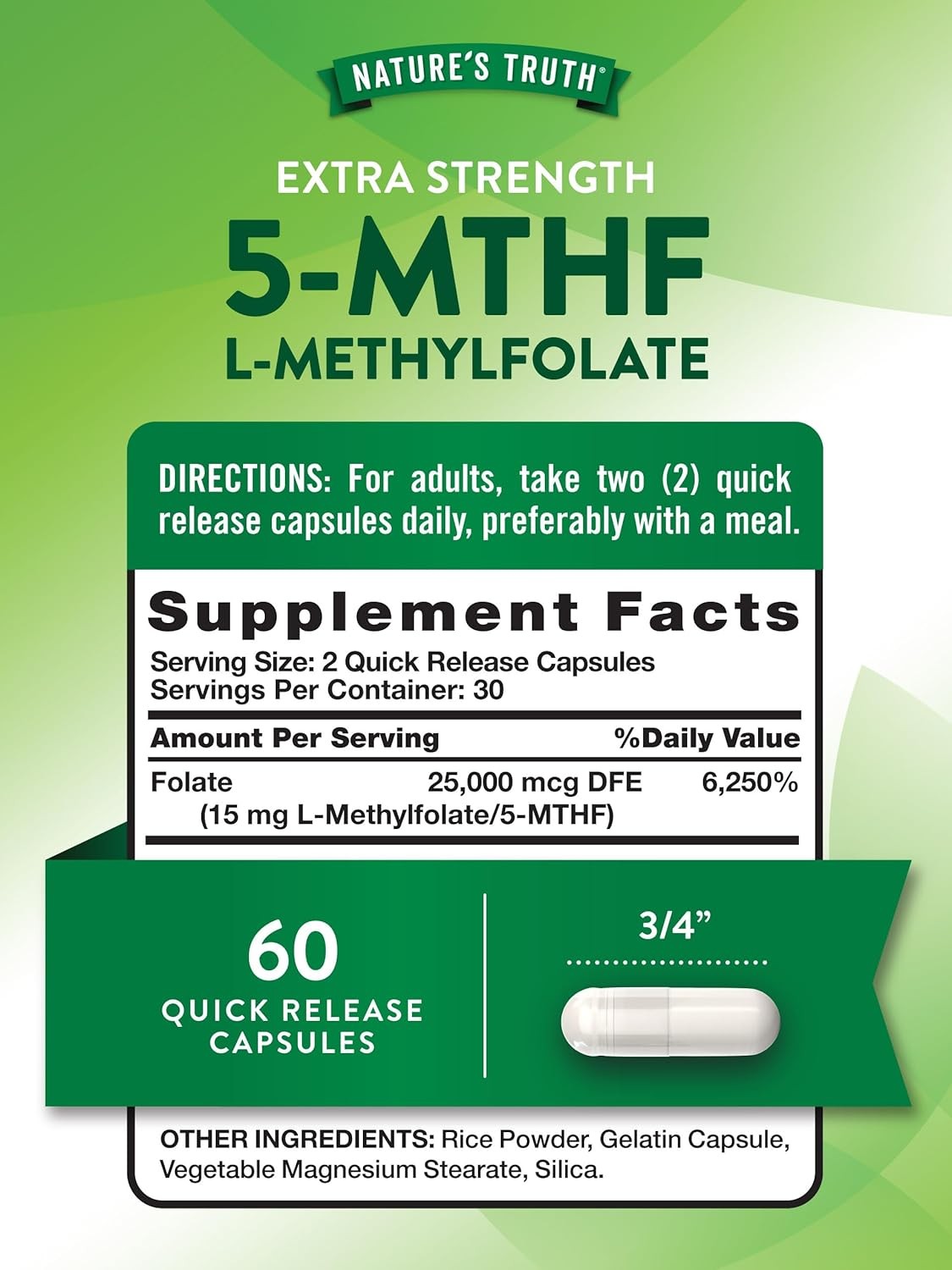 L-Methylfolate 15mg | 60 Capsules | Extra Strength | Non-GMO | by Nature’s Truth