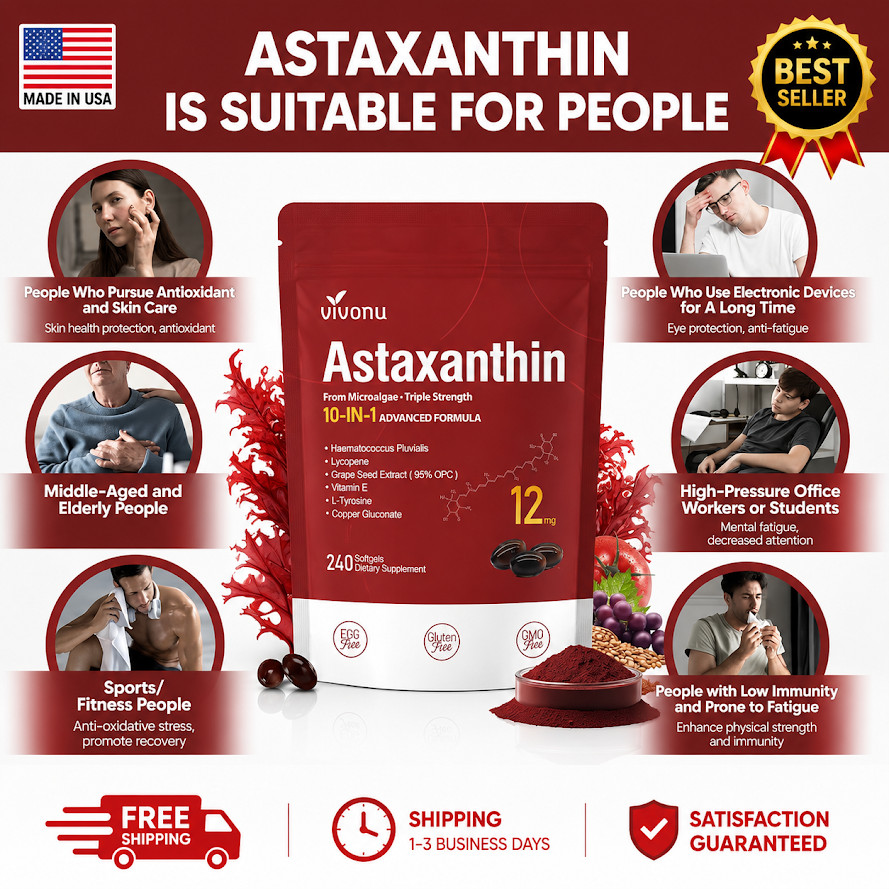 Astaxanthin 12mg 240 Softgels, 4 Month Supply,Triple Strength,Non-GMO,Eye Health