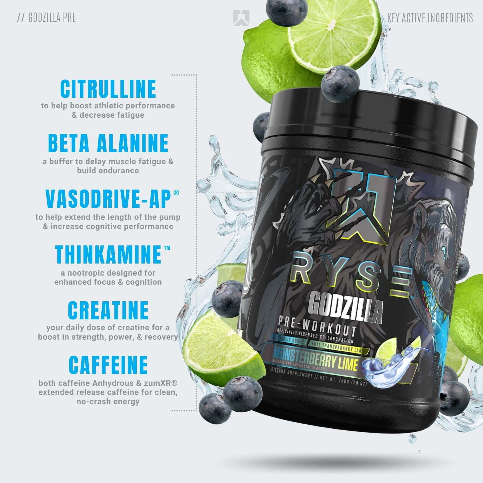 RYSE Godzilla Monsterberry Lime Exp: 02/2025 NO REFUNDS Pack of 2