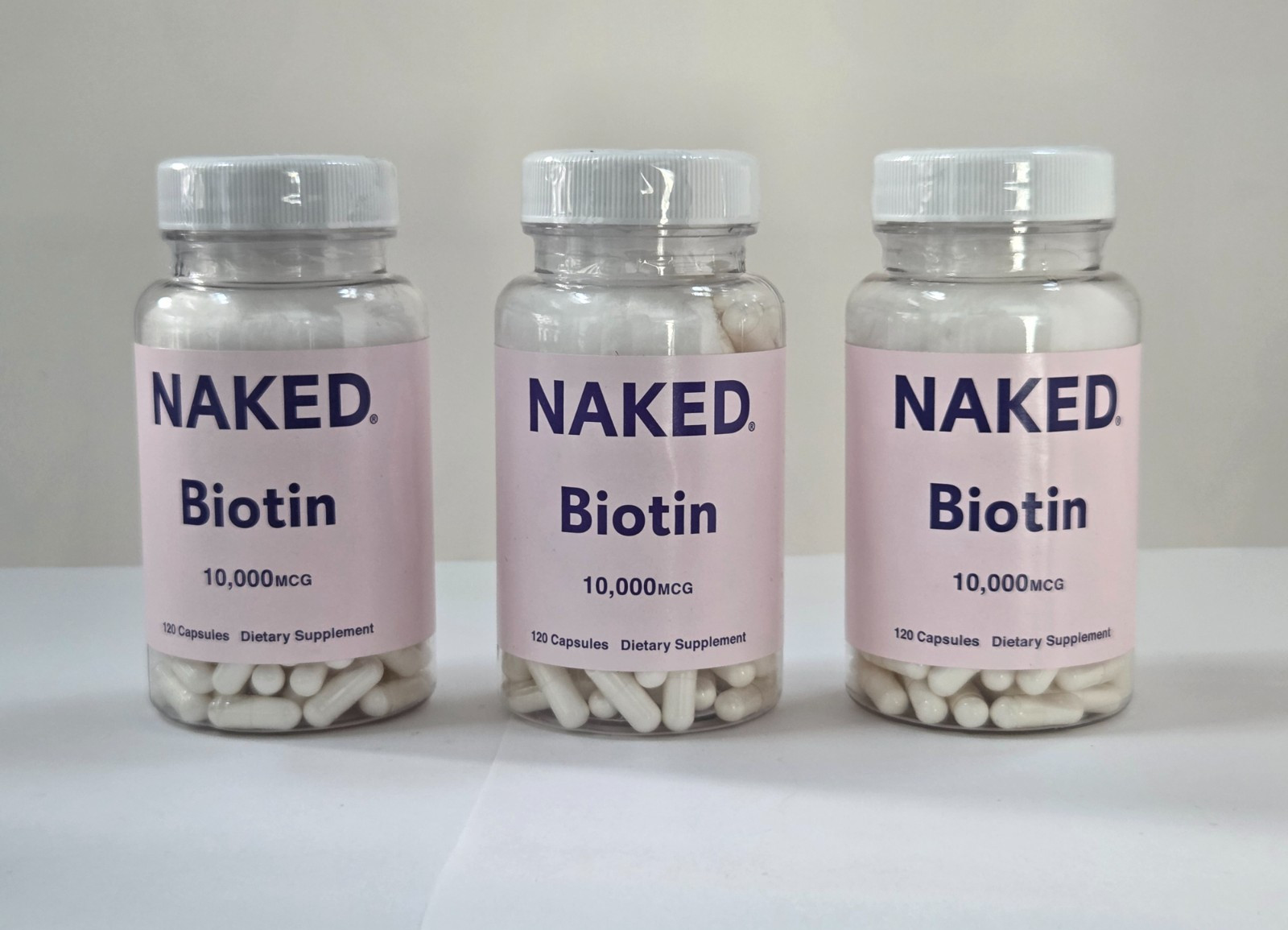 THREE PACK Naked Biotin 10,000 Mcg Max Hair Skin Nails Metabolism, 120 caps each