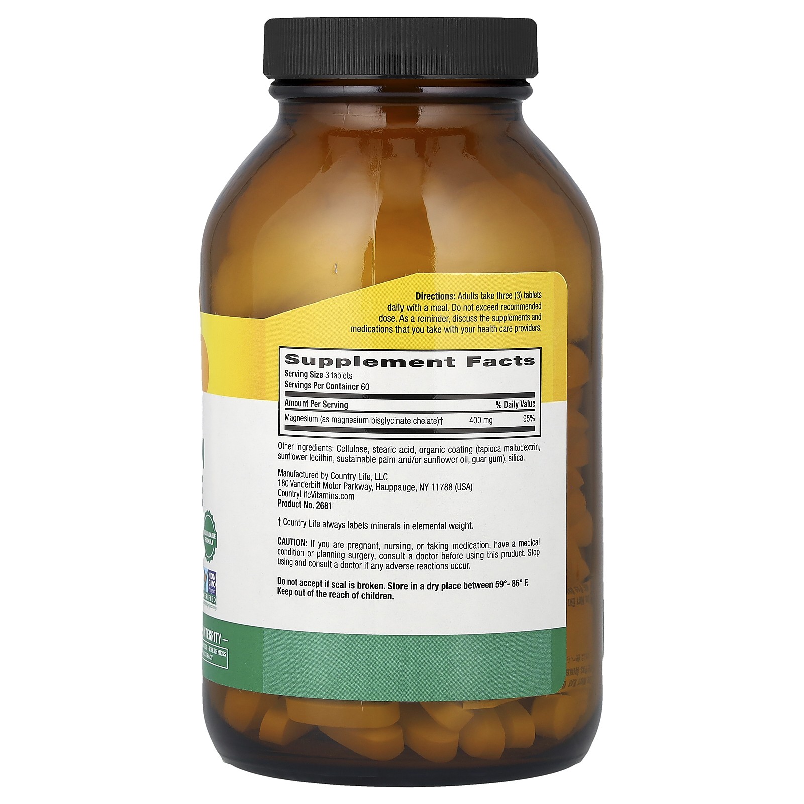 Country Life Chelated Magnesium Glycinate 180 Tablets Gluten-Free, GMP Quality