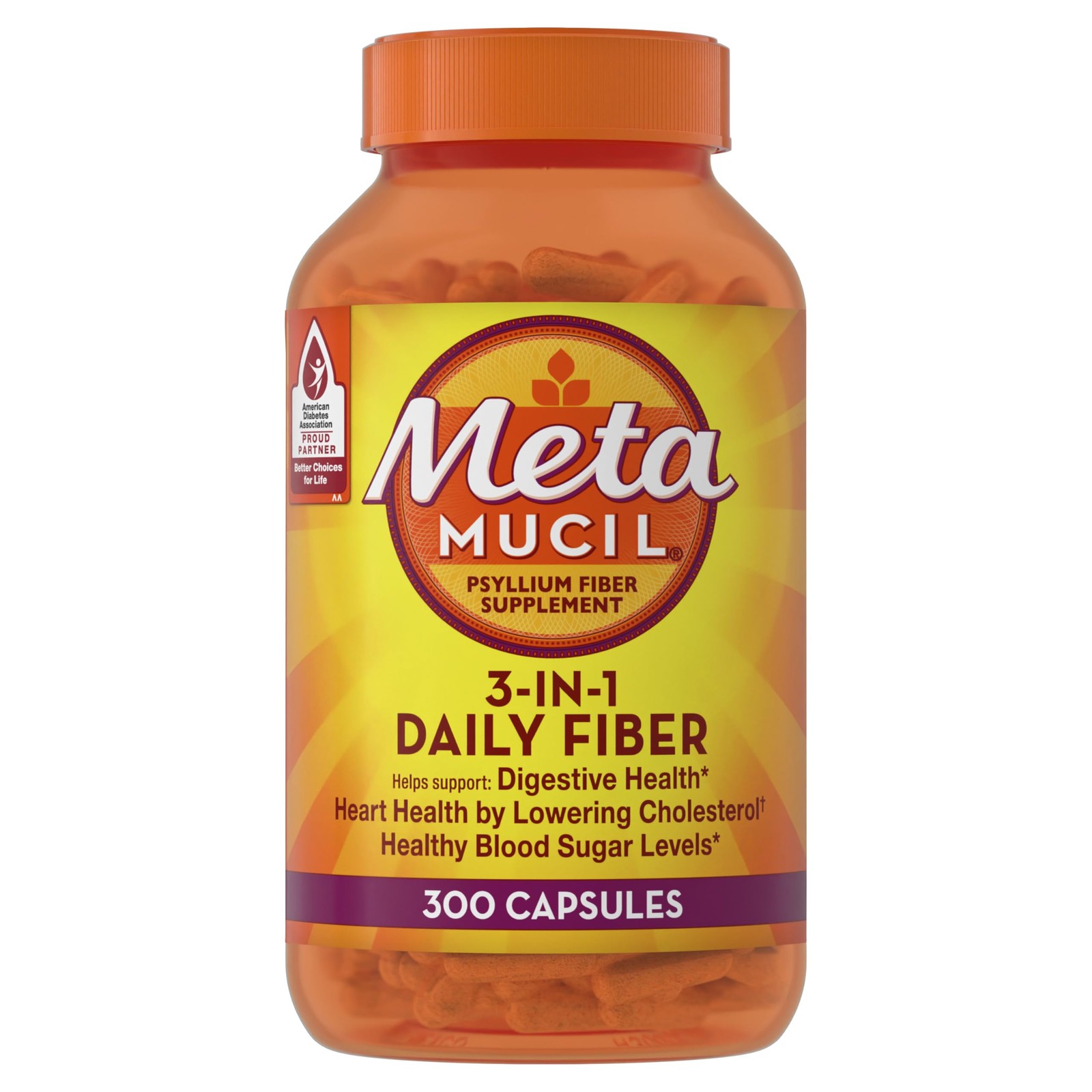 Metamucil 3-in-1 Fiber Capsules, Daily Psyllium Husk 300 Count (Pack of 1)