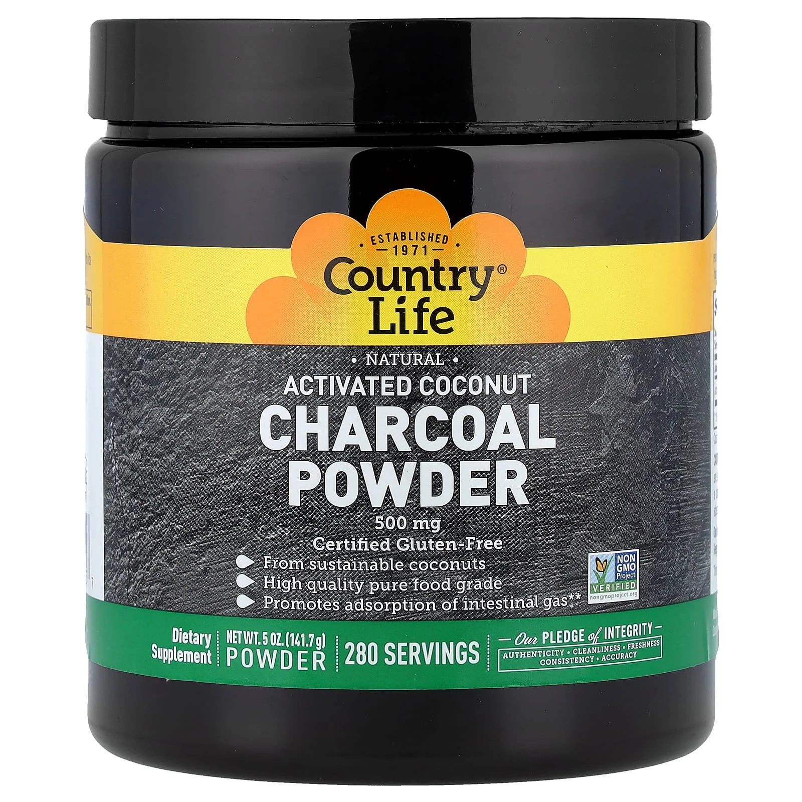 2 X Country Life, Activated Coconut Charcoal Powder, 500 mg, 5 oz (141.7 g)