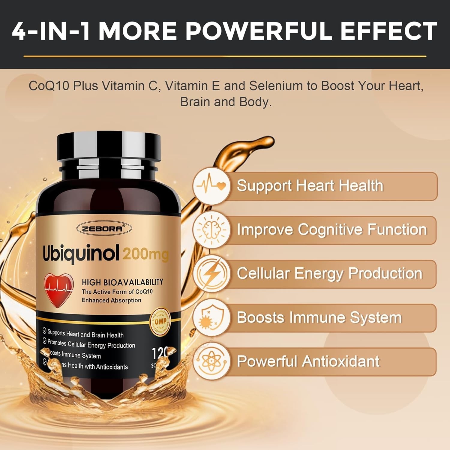 ZEBORA Ubiquinol CoQ10 200mg Softgels, 4-in-1 Powerful Antioxidant For Heart And
