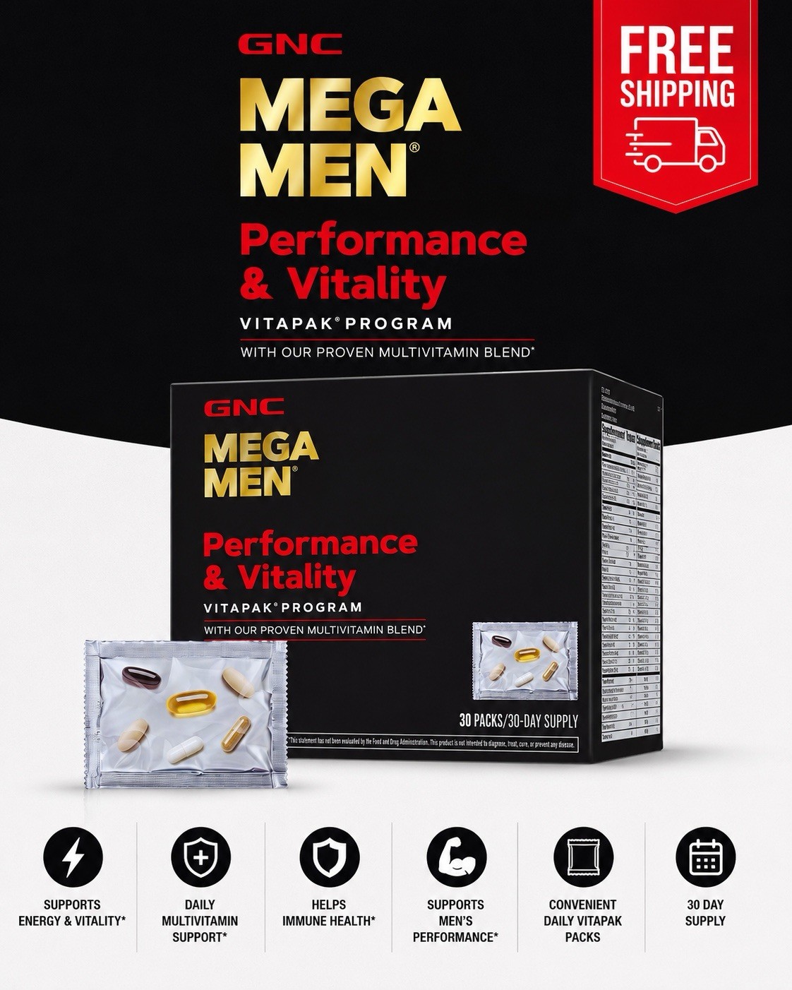 GNC Mega Men Performance and Vitality Vitapak Program 30 Pack Ex 8/27