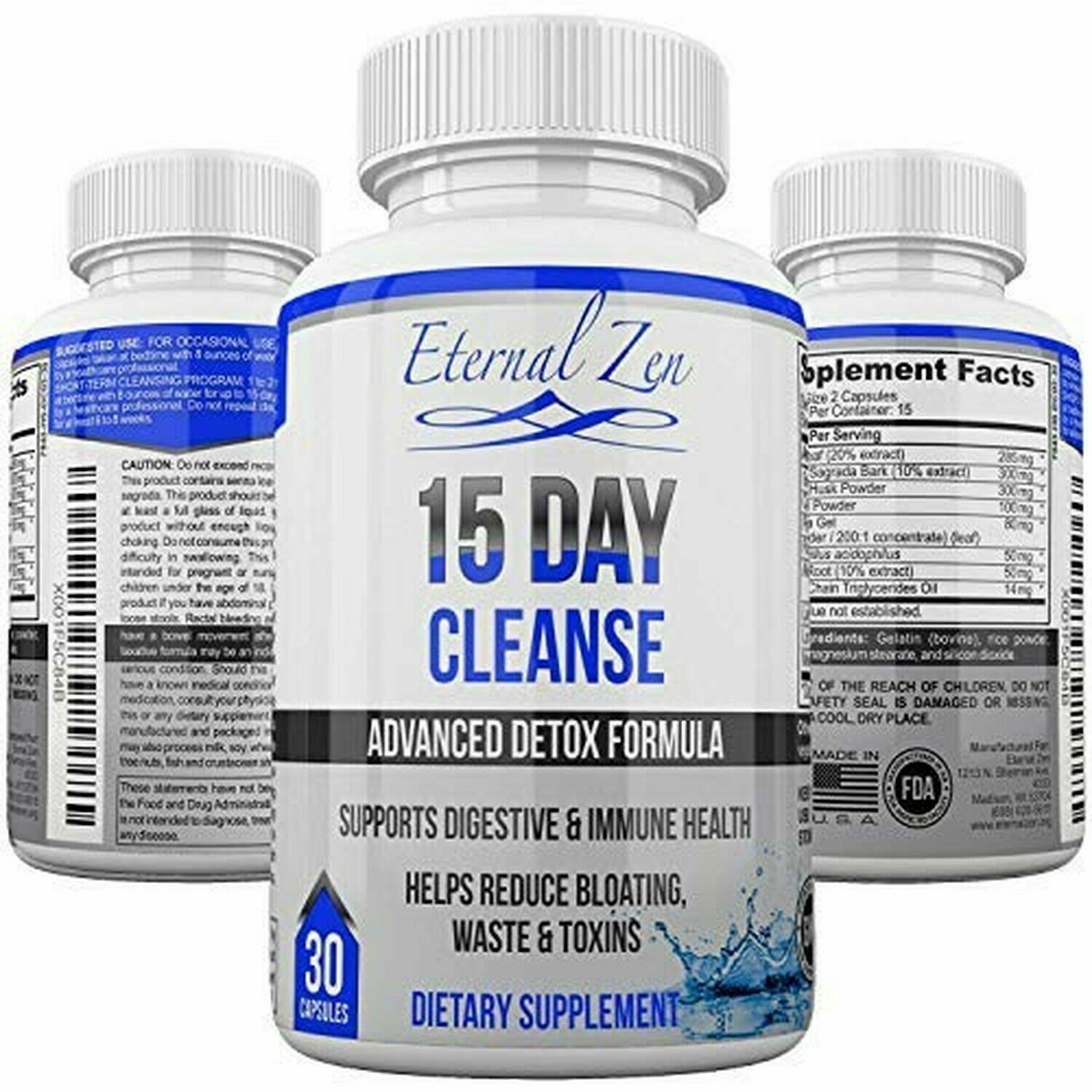 15 Day Cleanse, Colon Cleansing Detox w/ Fiber, Probiotics, Senna by Eternal Zen