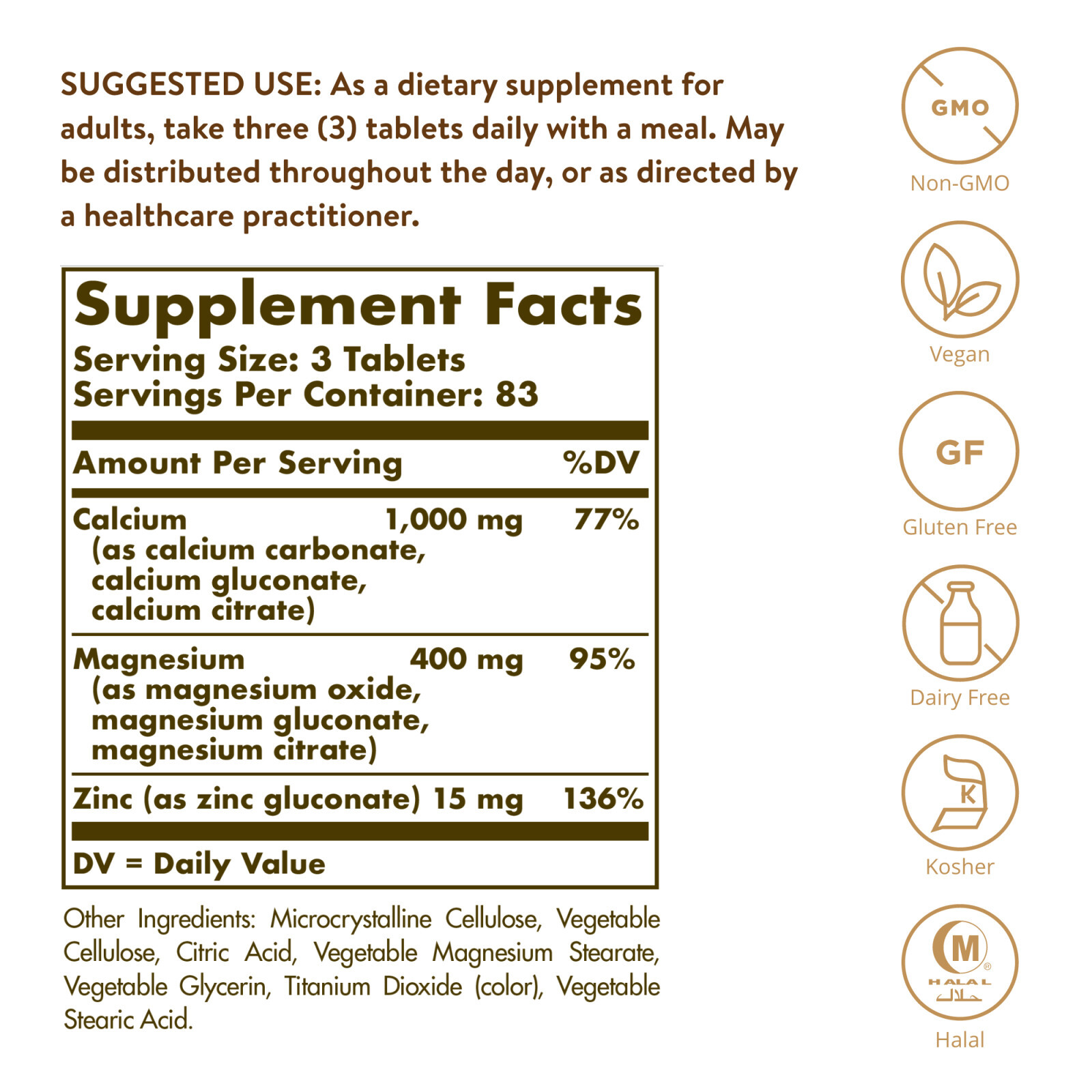 Solgar Calcium Magnesium Plus Zinc 250 Tablets
