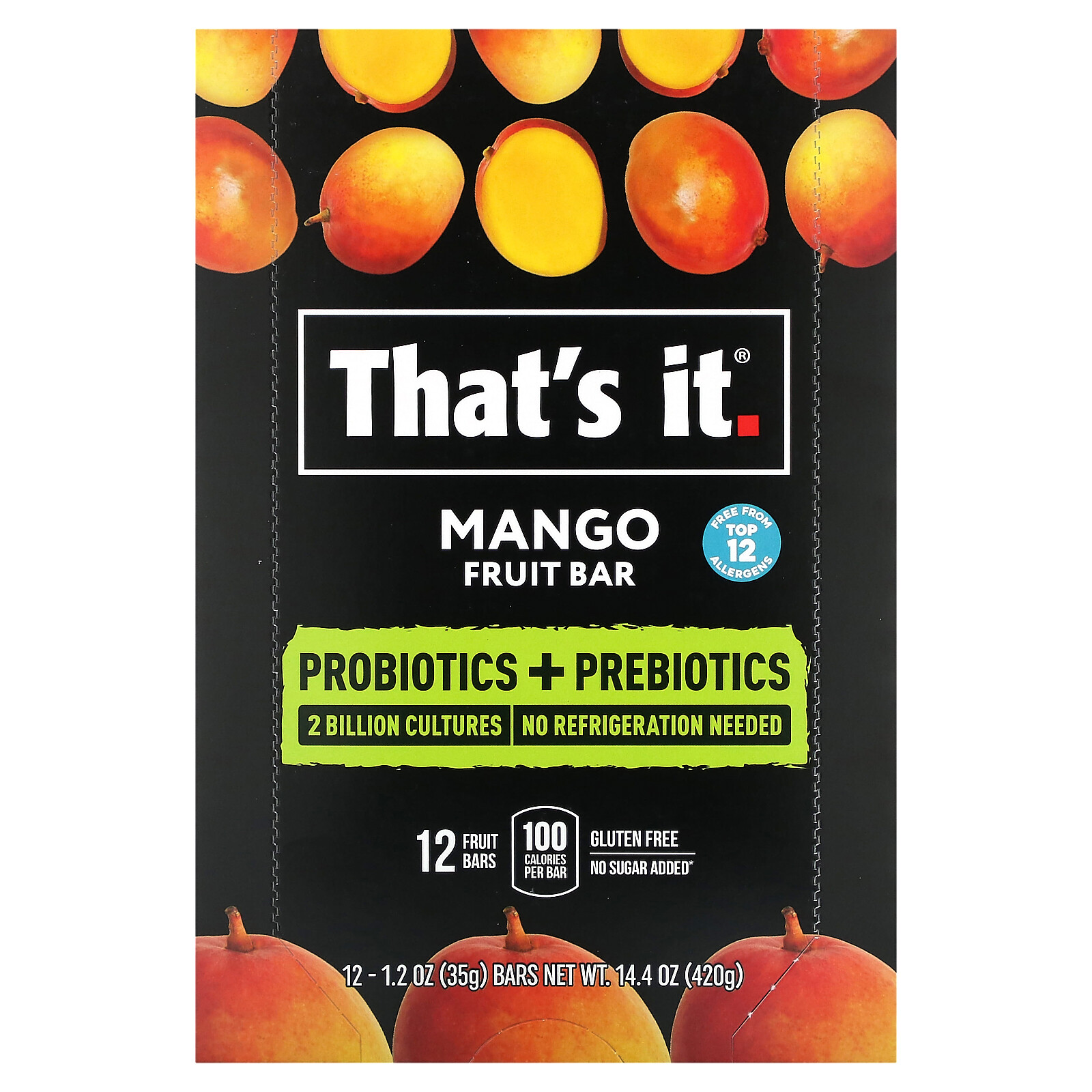 Probiotics + Prebiotics Fruit Bar, Mango, 12 Bars, 1.2 oz (35 g) Each