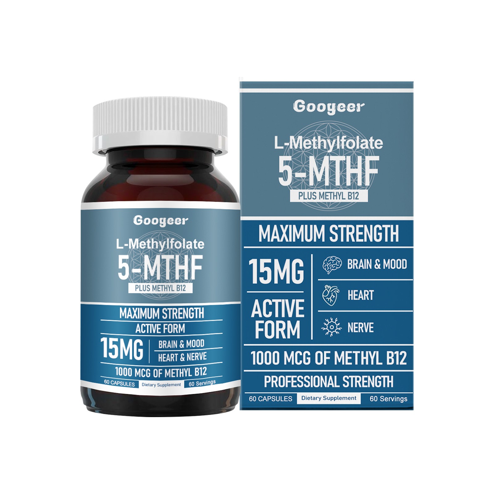 L-Methylfolate 5-MTHF 15mg Plus Methyl B12 1000mcg 60 Capsules Max Strength New
