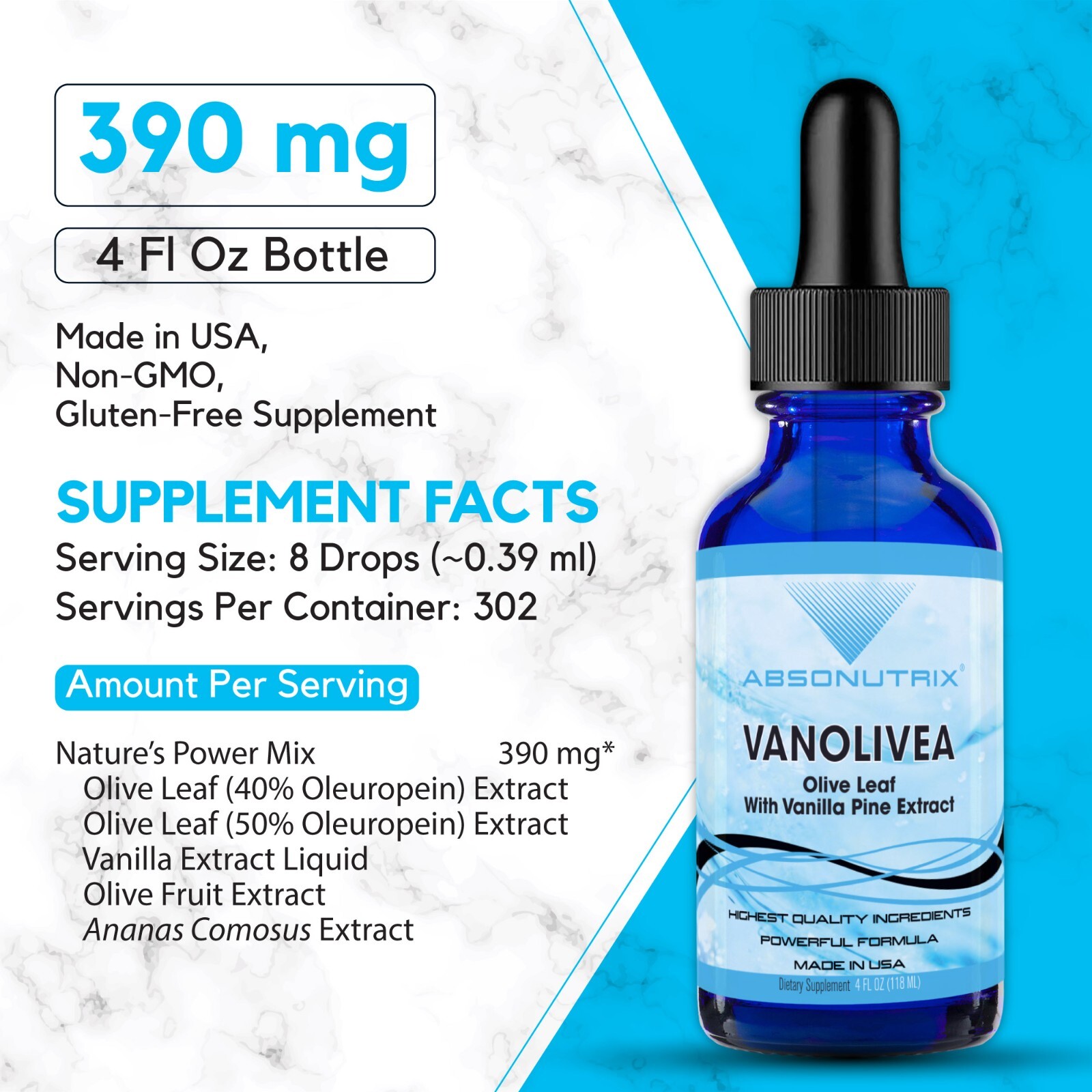 Absonutrix VanOlivea, 390 mg, 4 FL OZ Liquid, 302 Servings, Made in USA