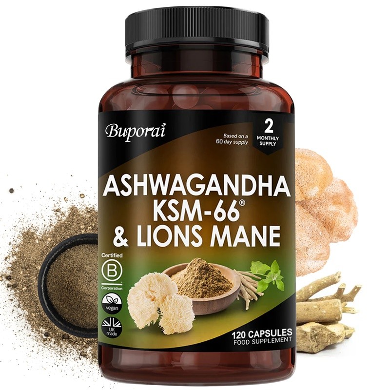 Ashwagandha KSM-66 & Lion’s Mane 120pcs,Replenishing Cortisol & Adrenal Function