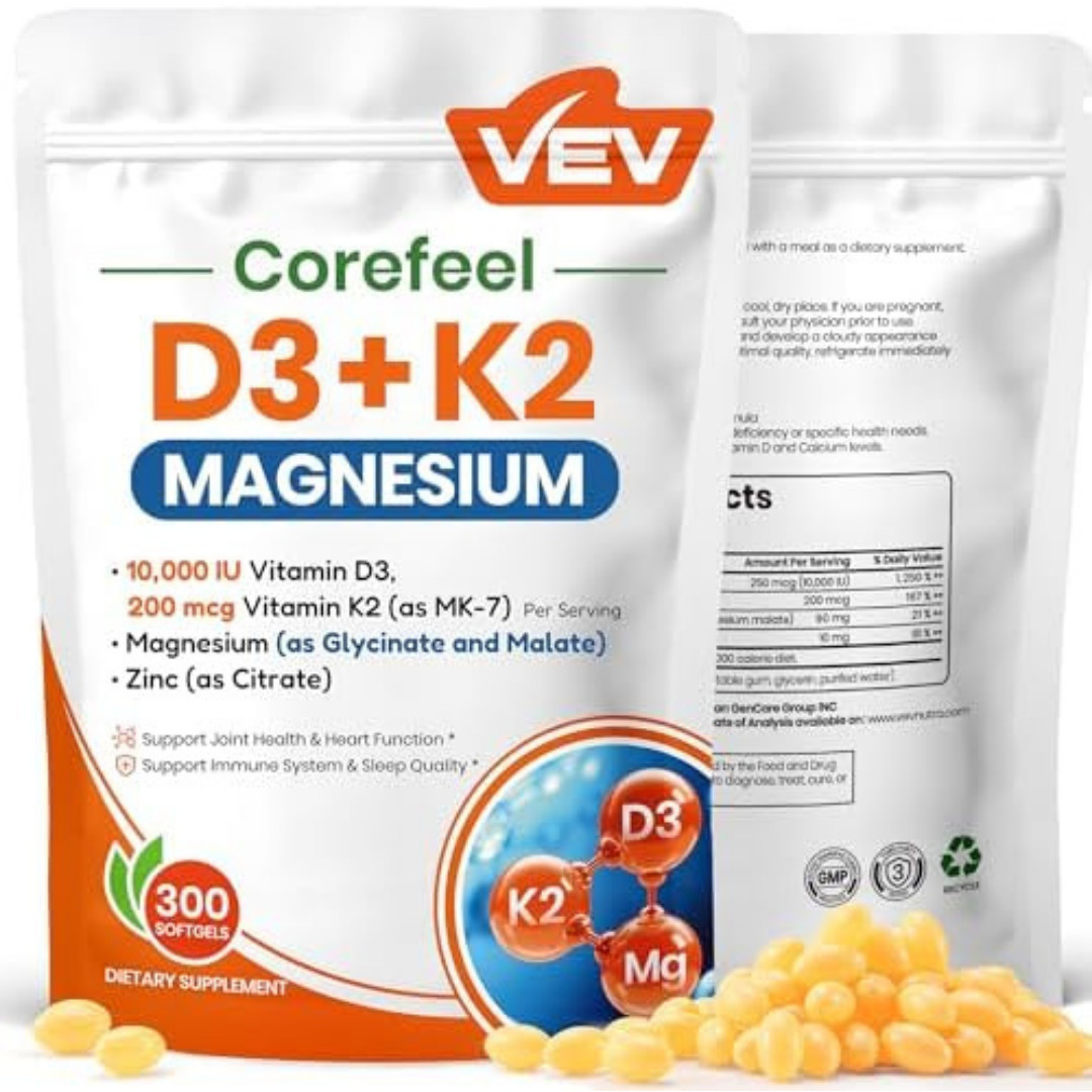 VEV Corefeel Vitamin D3 10000 IU with Vitamin K2 (MK-7) 200 mcg & Magnesium Supp