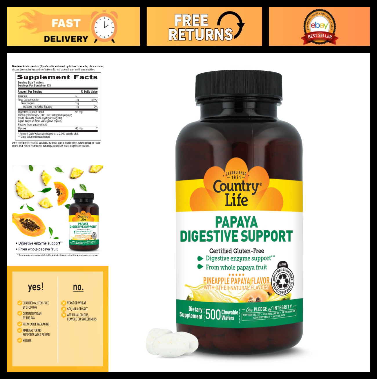 Digestive Support Chewable Wafers – 500 Count, Natural Papaya & Pineapple Flavor