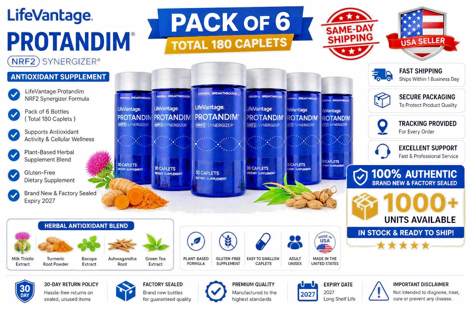 LifeVantage Protandim NRF2 Synergizer 180 Caplets –Pack of 6(180 Caplets) Sealed