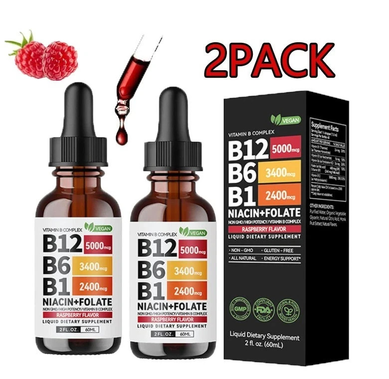 B12 Vitamin (2-PACK) Liquid Supplement Drops with B6, B1, Niacin & Folate – Edib