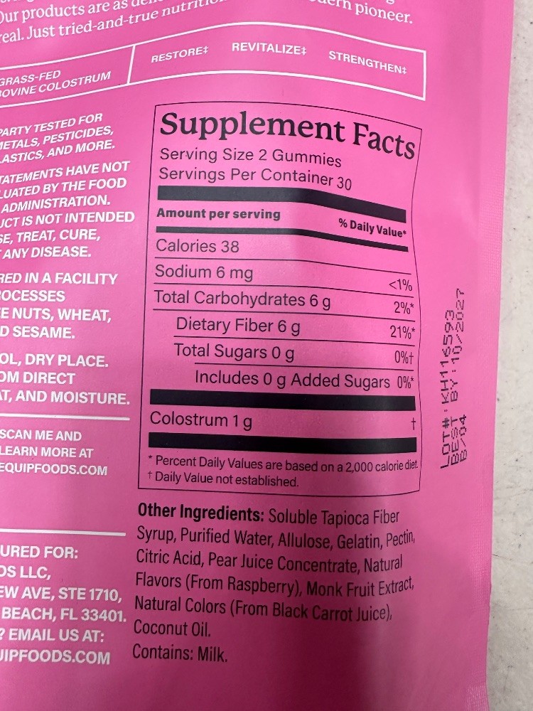 Equip Core Colostrum Gummies Raspberry Grass-Fed Bovine 12.7oz 30 Servings NEW