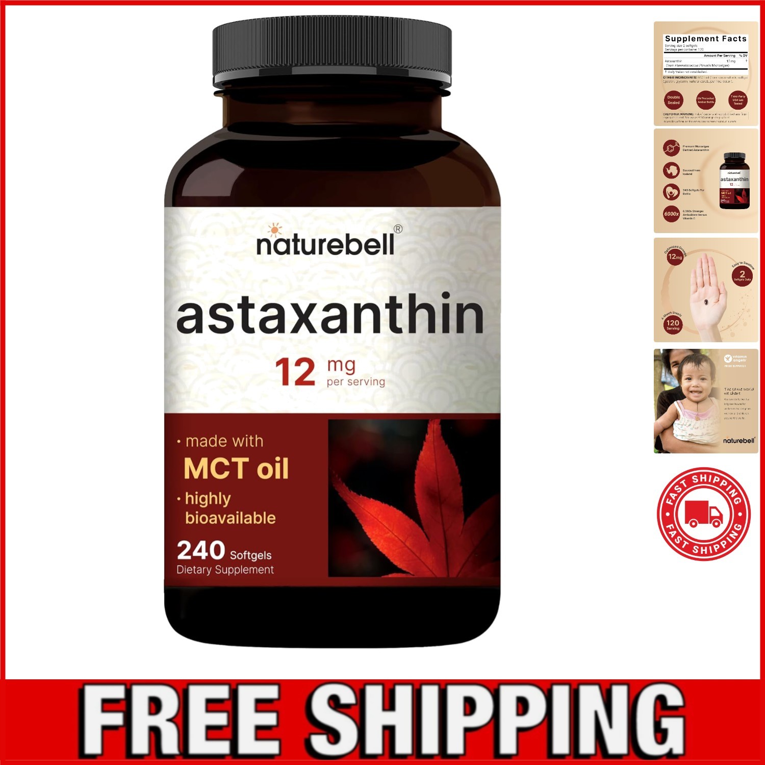 240 Count Natural Astaxanthin 12mg Softgels with MCT Oil – Non-GMO, Gluten Free
