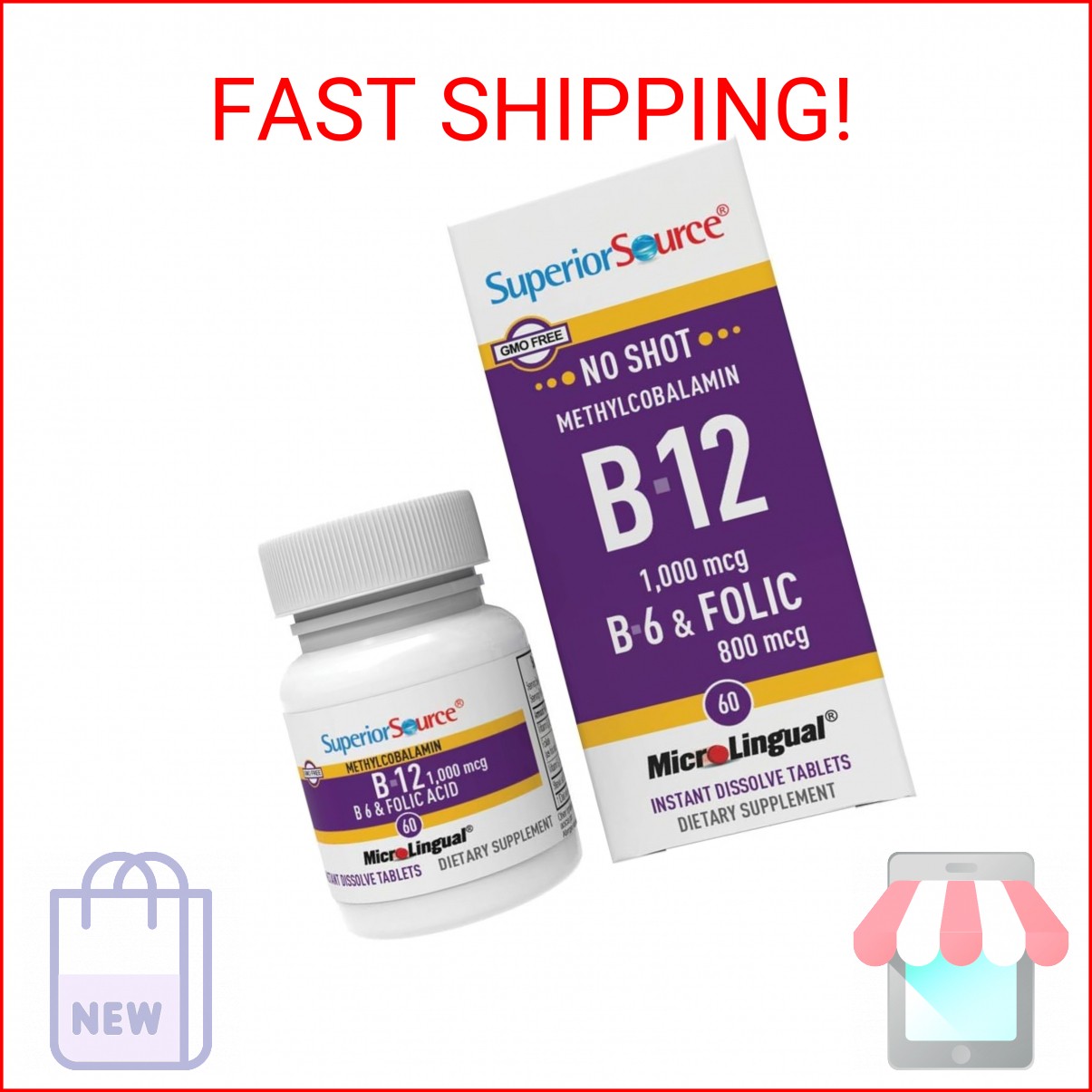 Superior Source No Shot Vitamin B-12 Methylcobalamin 1000 mcg, B-6 & Folic Acid