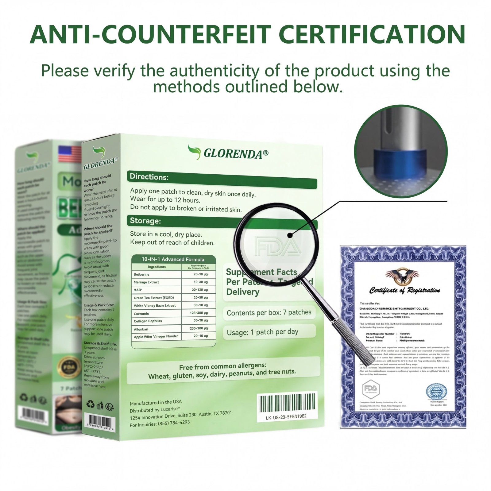 GLORENDA Berberine Patches Moringa & NAD 10-in-1 Nano Microneedle Patch