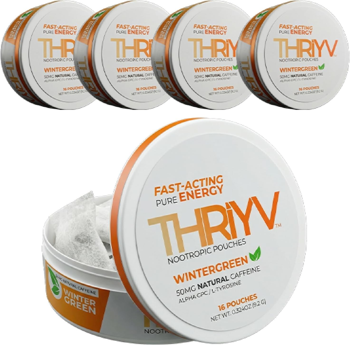 (5 Pack) THRiYV Nootropic Energy Pouches – Wintergreen – 50mg Caffeine Per Pouch