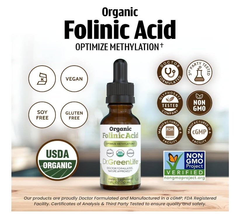 Organic Folinic Acid Drops, 500 mcg per drop, 1 fl oz (30 mL)