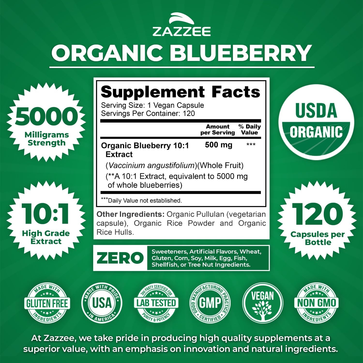 Zazzee USDA Organic Blueberry 10:1 Extract, 5000 mg 120 Count (Pack of 1)