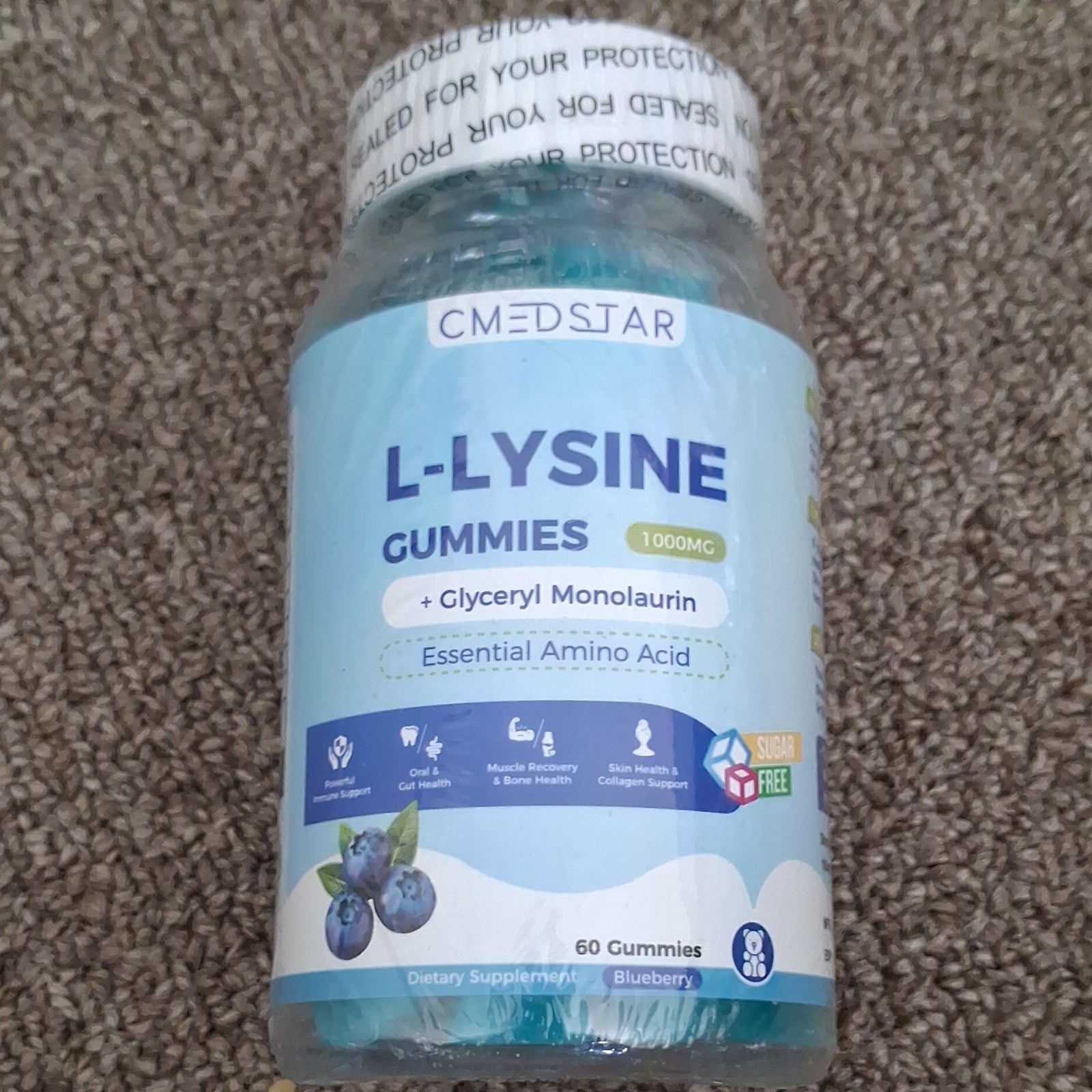 CMEDSTAR L-Lysine 1000mg + Glyceryl Monolaurin Gummies, Blueberry 60ct