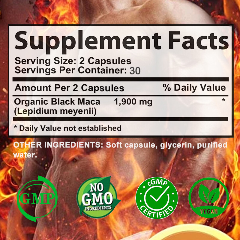Organic Black Maca Capsules 1900 mg | Boost male energy, balance hormones