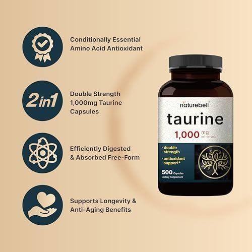 Naturebell Taurine 1,000mg Per Serving, 500 Capsules | Essential Amino Acids for