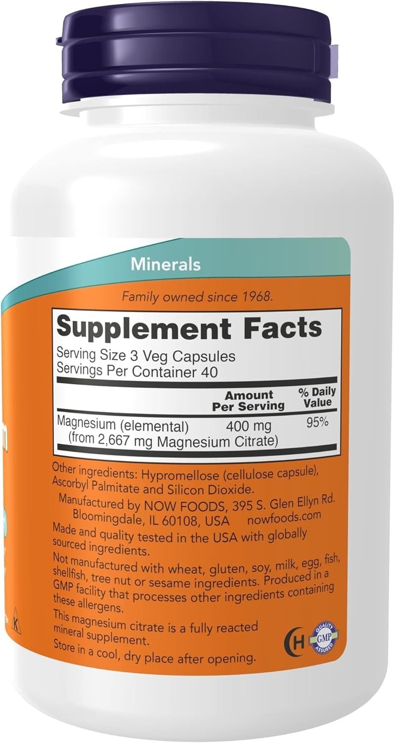 NOW Magnesium Citrate 120 Veg Capsules Nervous System & Enzyme Support