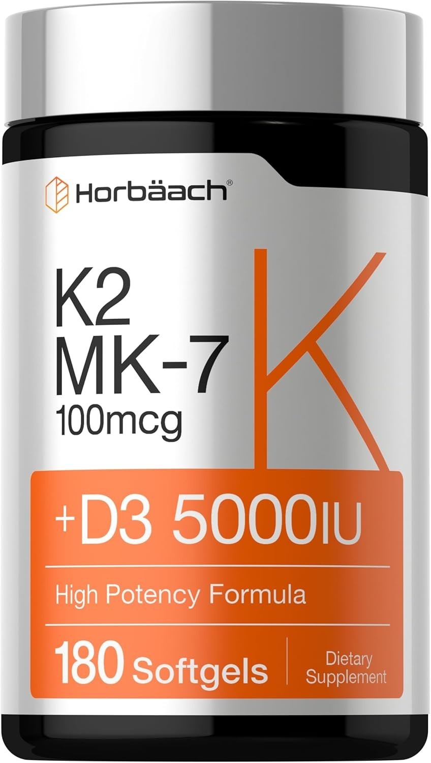 Horbäach Vitamin D3 K2 5000 iu | 100mcg MK-7 Complex | 180 Softgel Capsules | No