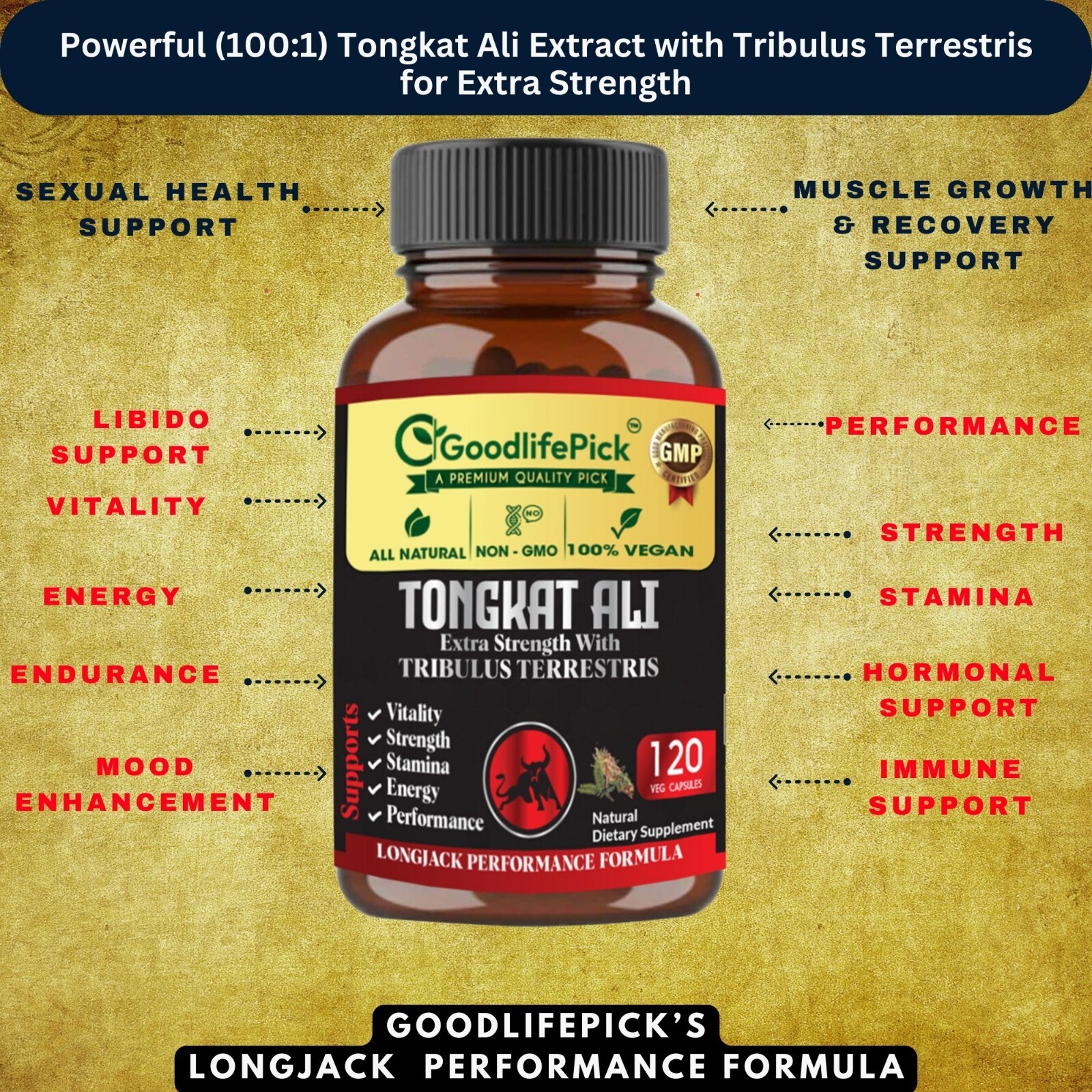 LONGJACK TONGKAT AL1 ROOT EXTRACT WITH TRIBULUS TERRESTRIS- MAXIMUM BENEFITS-120