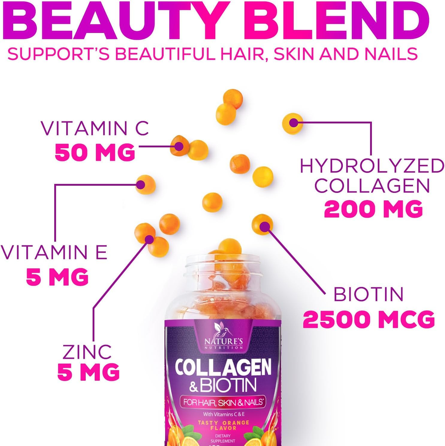 Collagen Gummies with 2500Mcg Biotin, Vitamin C & Zinc – Hydrolyzed Collagen Pep