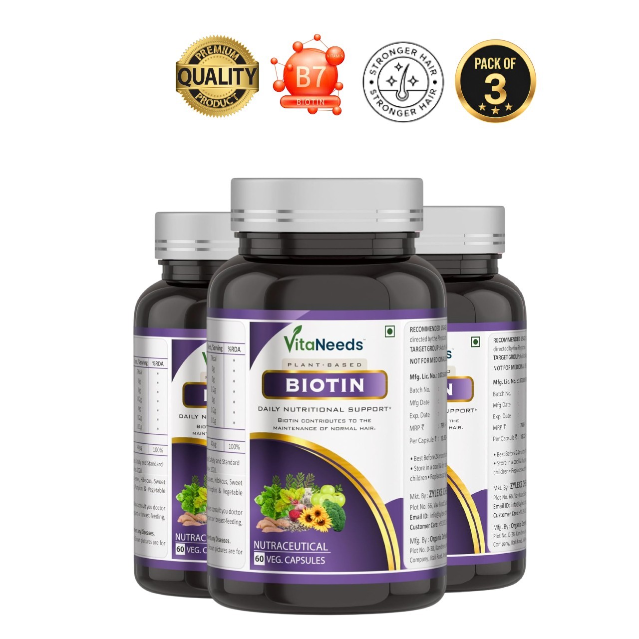 3 Pack VITA.NEEDS Biotin 60 Veg Caps Plant Based
