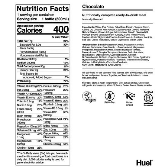 Meal Replacement Shake High Protein Drink Chocolate Shake 16.9 oz 12 Pack Huel