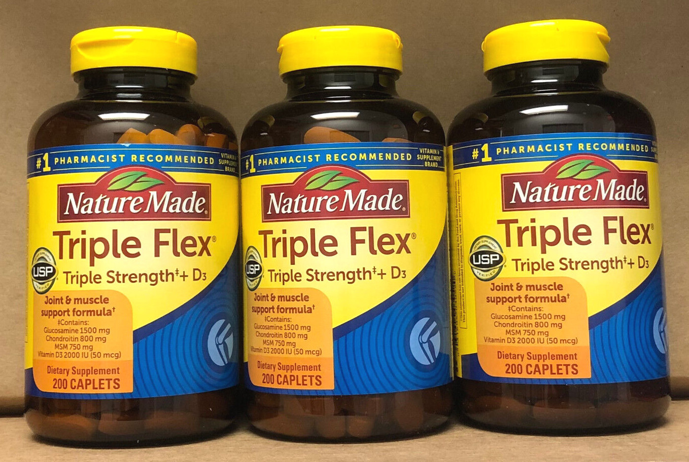 3 Bottles Nature Made Triple Flex Triple Strength + D3, 200 Caplets Each