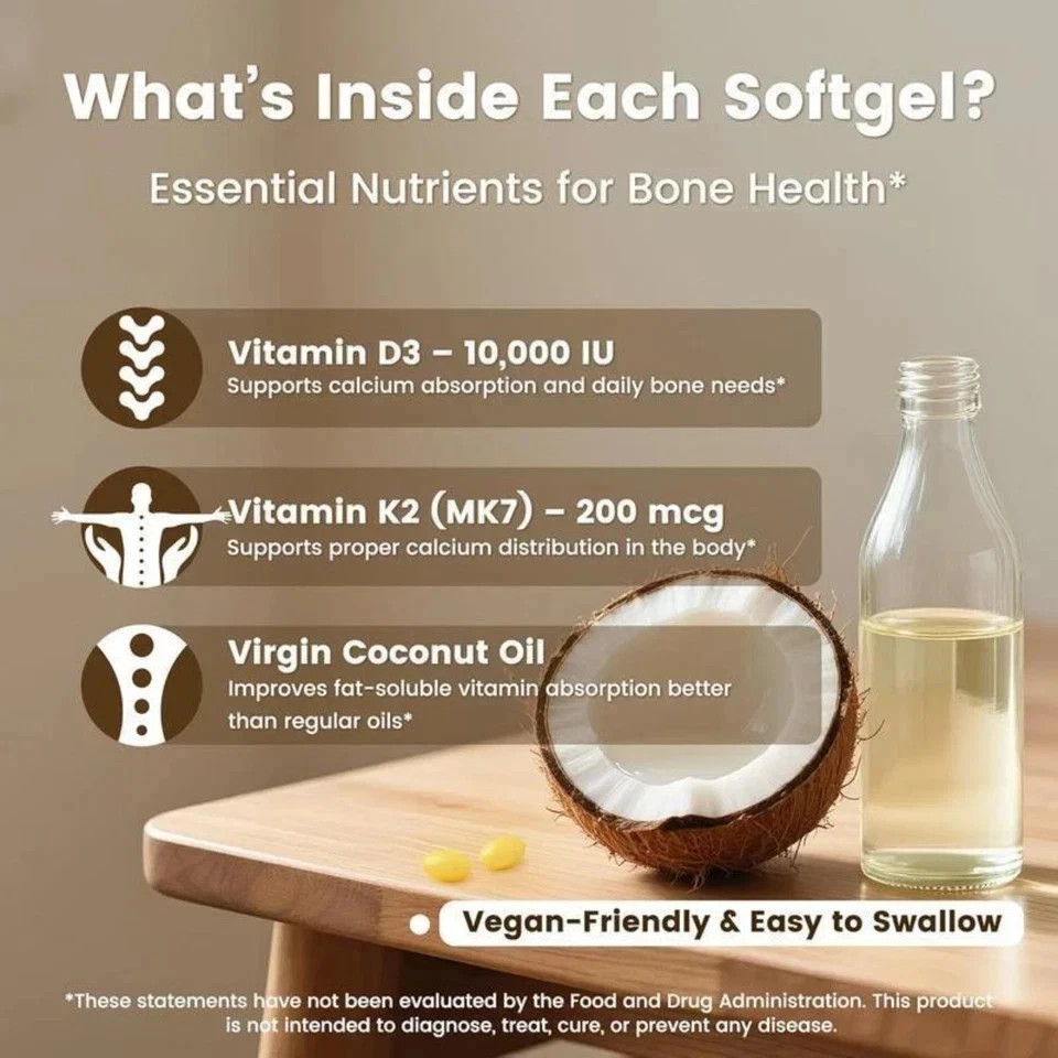 VEV Vitamin D3 + K2 Complex with Virgin Coconut Oil | Daily Immune & Bone Health