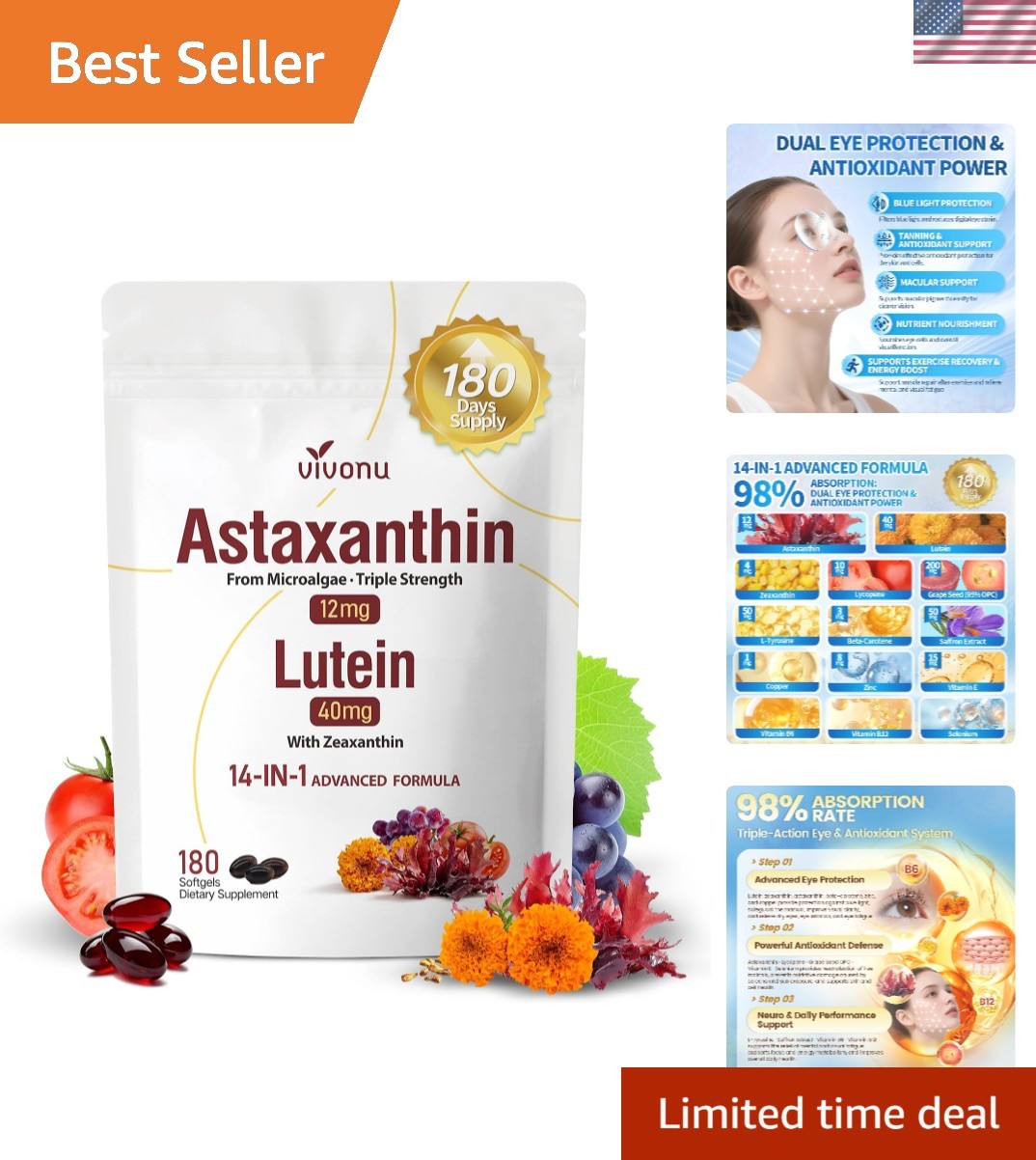 Complete 14-in-1 Antioxidant Supplement with Lutein, Zeaxanthin – Gluten-Free