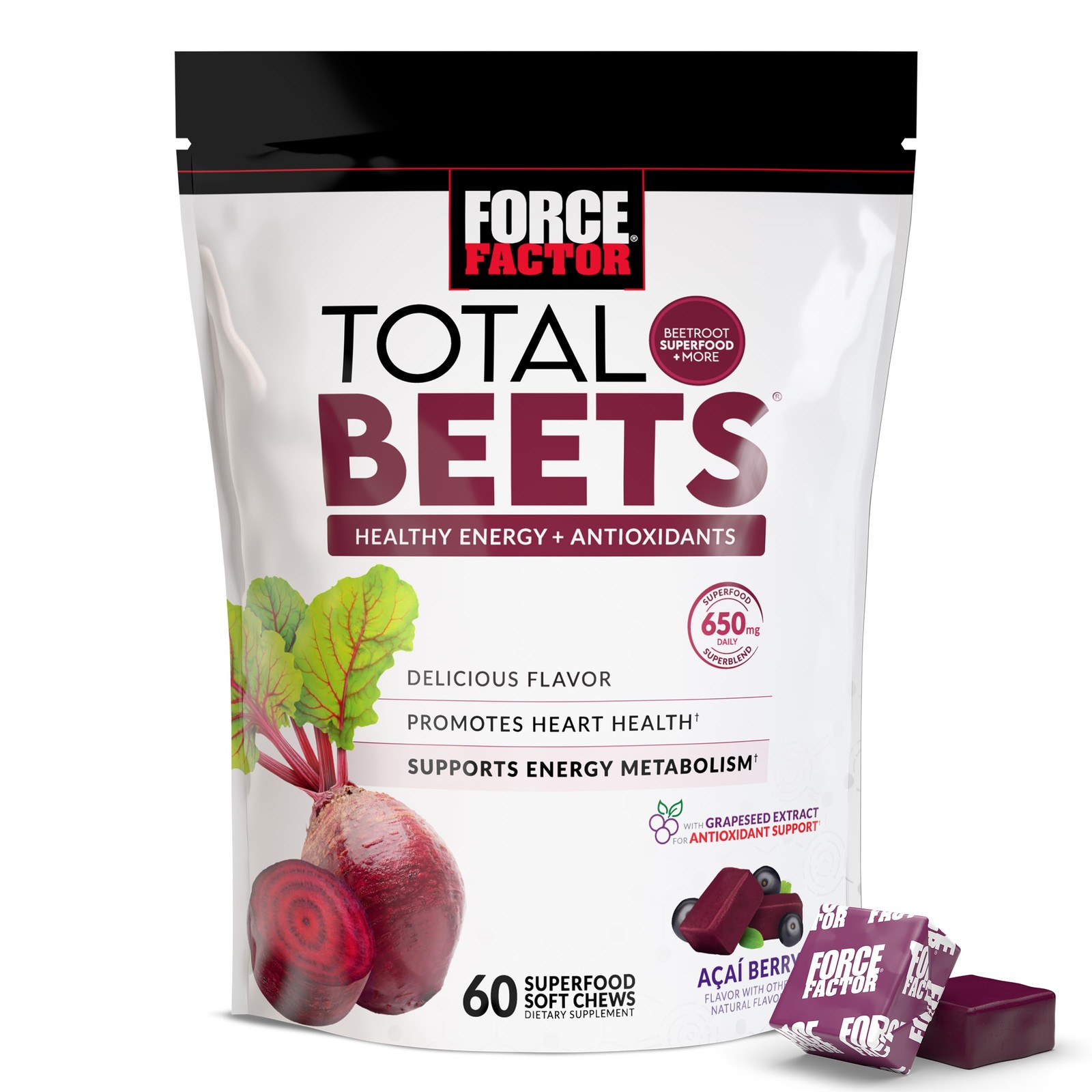 Force Factor Total Beets Soft Chews with Beetroot, Nitrates, L-Citrulline, Grape