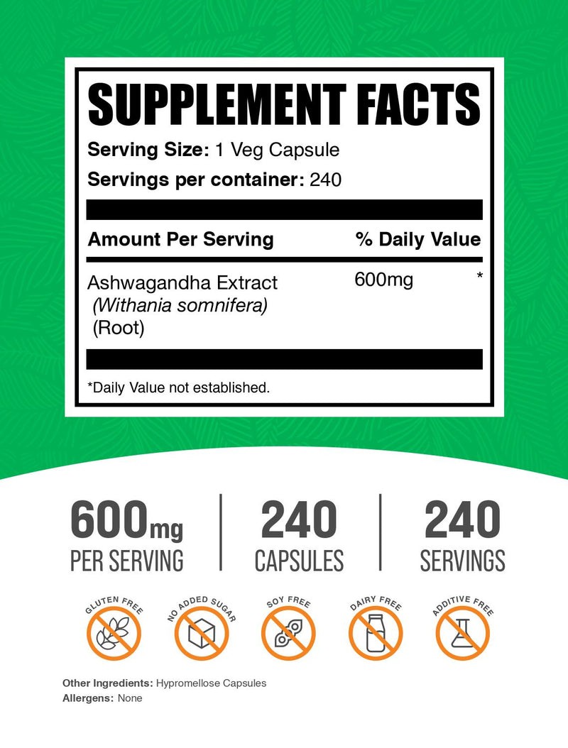 BulkSupplements Ashwagandha Root Capsules – 600mg per Serving – 240 Capsules