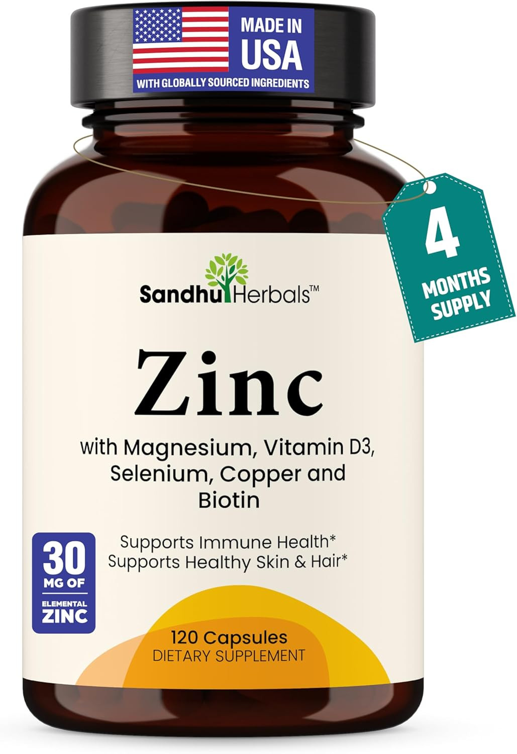 Zinc 30Mg with Copper, Selenium & Vitamin D3 | 120 Capsules | Magnesium, Vitamin