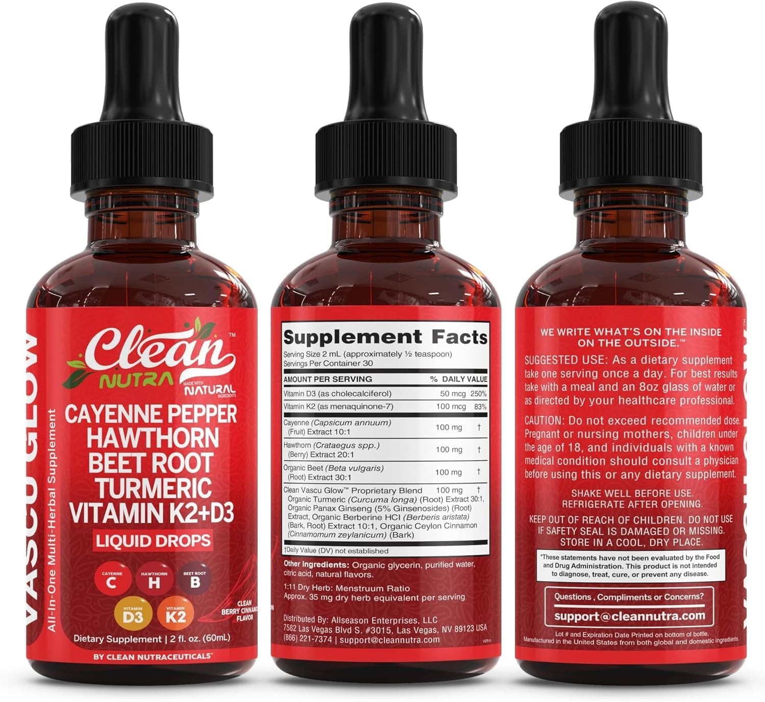 Clean Nutra Cayenne Pepper Drops Supplement Liquid+Hawthorn Berry, Vitamin D3 K2