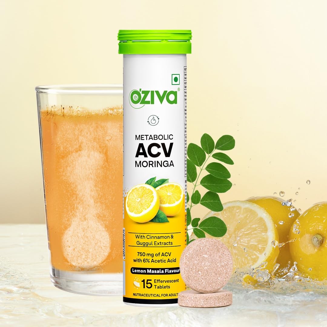 OZiva ACV Moringa Effervescent Lemon Masala, Pack of 4 (60 Tablets)