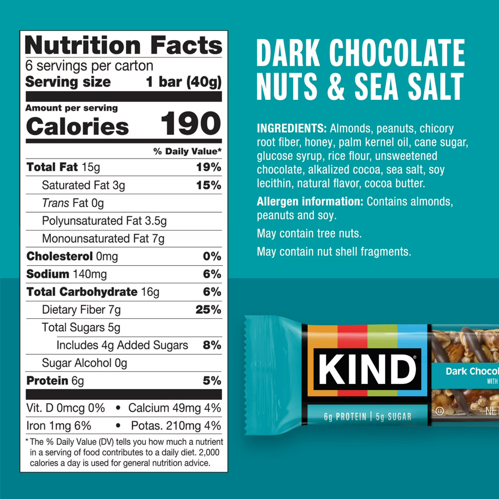 KIND Gluten Free Dark Chocolate Nuts & Sea Salt Snack Bars, 1.4 oz, 6 Count Box