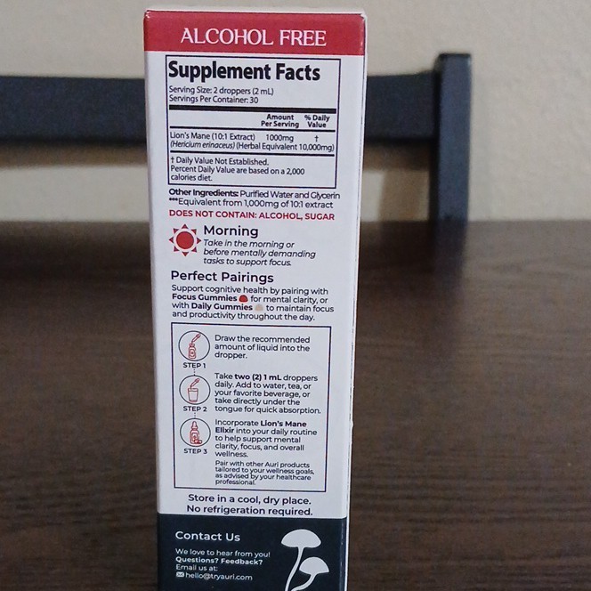 Auri Lion’s Mane Liquid Elixir 1000mg Alcohol Free Vegan 2 fl oz (60 mL)