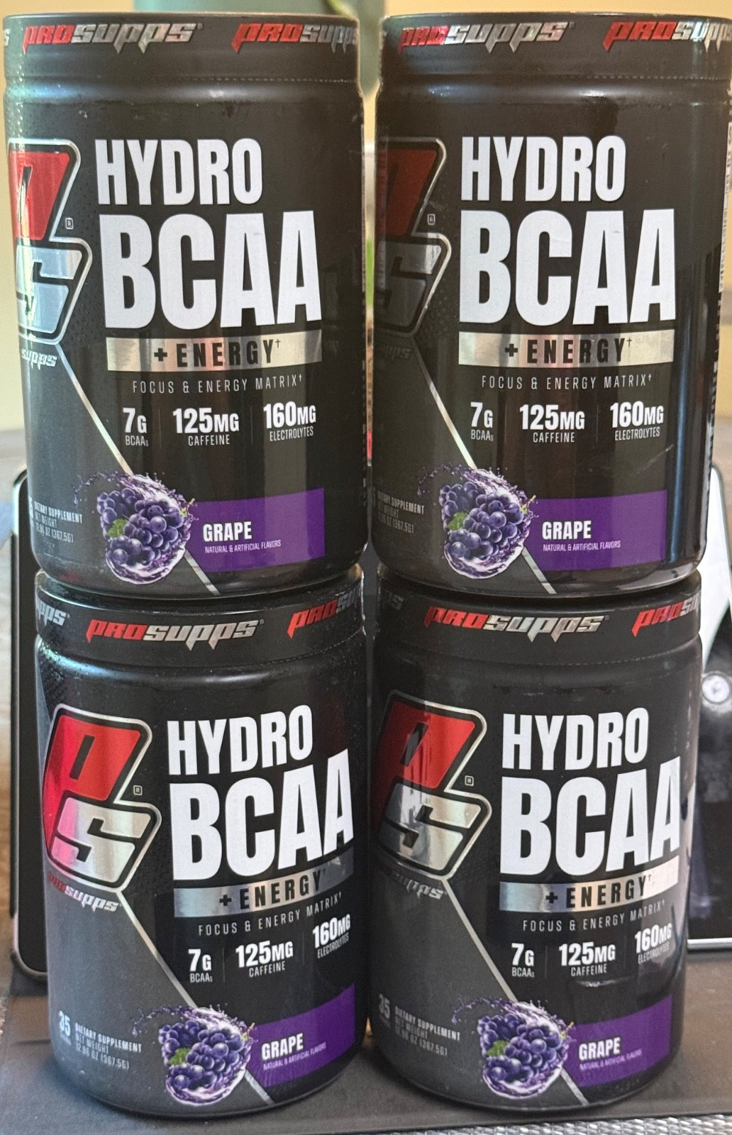 4 New Sealed Canisters Grape HYDRO BCAA + ENERGY powder 35 Servings by PROSUPPS