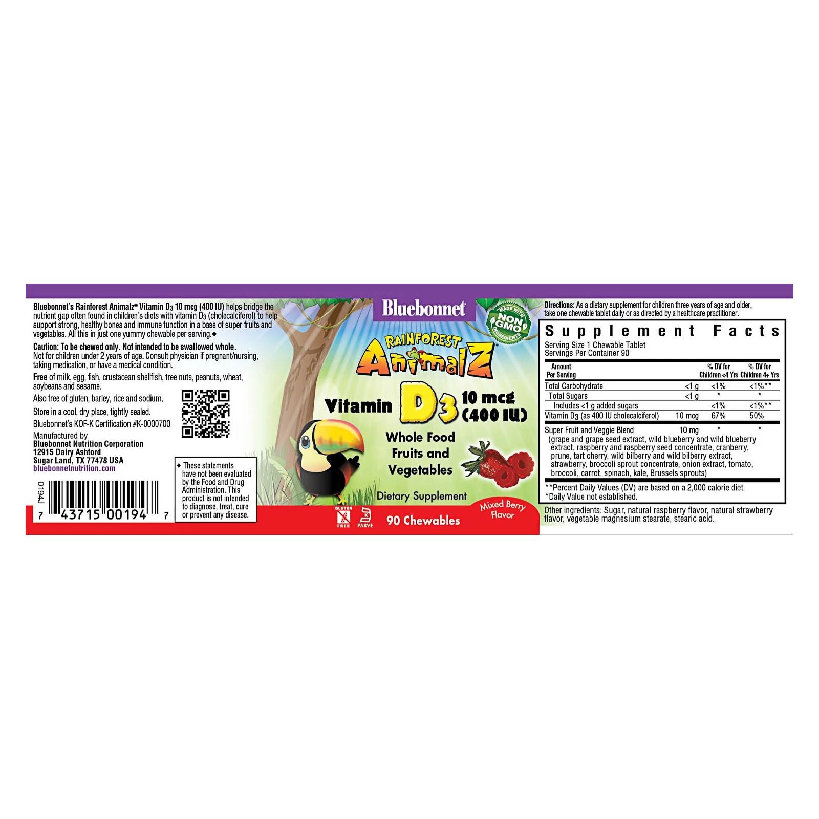 Bluebonnet Rainforest Animalz Vitamin D3 10 Mcg 400 IU Mixed Berry 90 Chewables