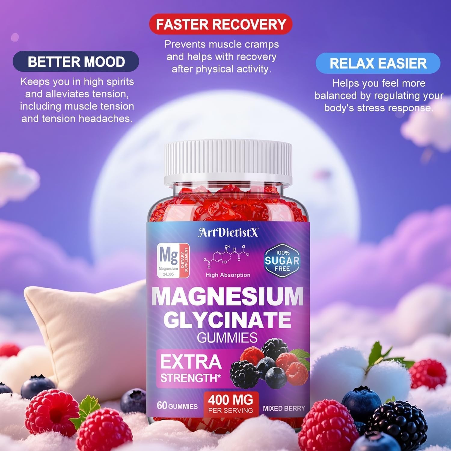 Gomitas de Glicinato de Magnesio 400mg Relajación Sueño Sin Azúcar 60U